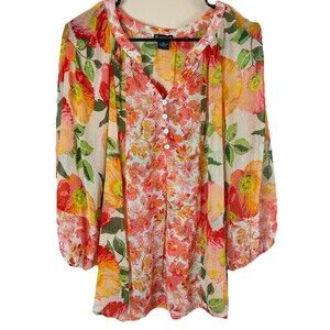New Directions Women’s Orange Floral Sheer Blouse Size Large